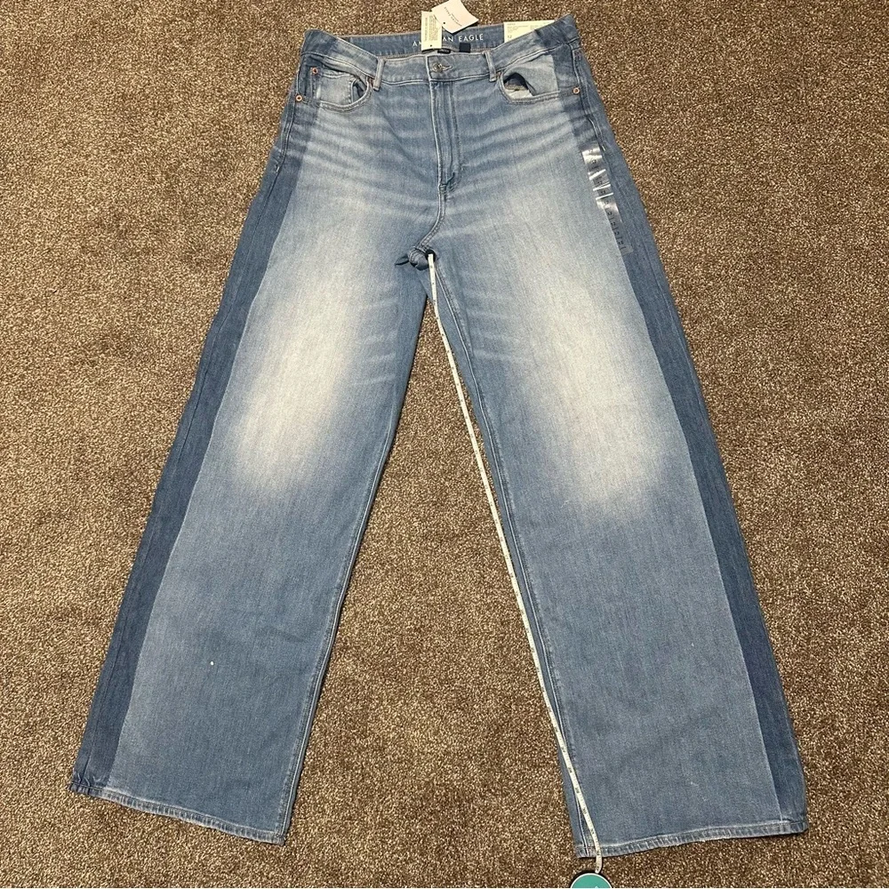 AE Dreamy Drape Stretch Stripe Super High-Waisted Baggy Wide-Leg Jean (12 Long) - Picture 7 of 8